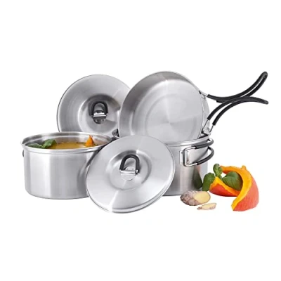 Abbildung von Tatonka Camping Kochgeschirr Cookset Regular (5 teilig) Edelstahl Geschirr mit Pfanne und 2 Töpfen Deckeln Inklusive Transportbeutel Rostfrei, schadstofffrei &amp; lebensmittelecht, 16 x 9 cm
