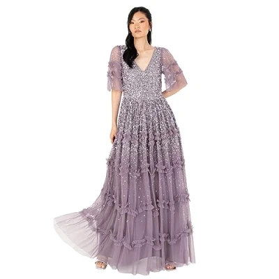 Abbildung von Maya Deluxe Women&#039;s Maxi Dress Ladies V Neck Sequin Embellished Ruffle Detail for Wedding Guest Bridesmaid Prom Occasion Ball Gown Kleid, Moody Lilac, 42