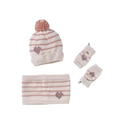 Abbildung von Vertbaudet Mädchen Set: Mütze, Rundschal &amp; Handschuhe Streifen/Herzen wollweiß/rosa 86/98