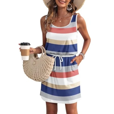 Abbildung von WNEEDU Sommerkleid Damen Ärmellose Strandkleid U Ausschnitt KordelzugKleid Luftiges Kleid Sommer mit Taschen Blaue Weiße Streifen M