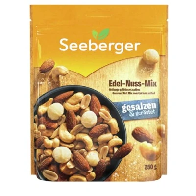 Abbildung von Seeberger Edel Nuss Mix: Kern Mischung aus leckeren Erdnusskerne, Mandeln, Cashewkerne und Macadamias geröstet &amp; gesalzen, vegan (1 x 350 g)