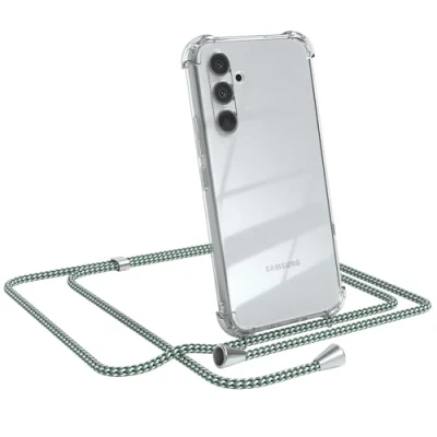 Abbildung von EAZY CASE Kette Schutzhülle kompatibel mit Samsung Galaxy A54, Stoßfest Fallschutz Bumper Schutzhülle, Handy Straps, Silikonhülle, Handykette abnehmbar, Hell Grün Camouflage Clips Silber