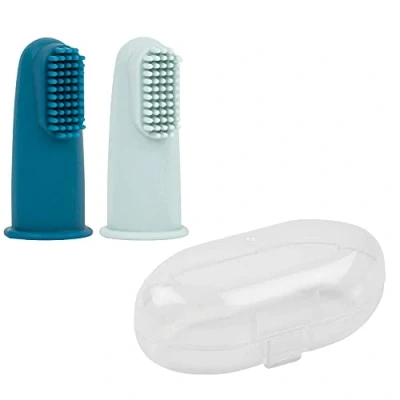 Abbildung von Nattou Babyzahnbürste aus Silikon, 2x Fingerzahnbürste für Babys und Kleinkinder, 1x Schutzhülle, BPA frei, Silicon, Blau