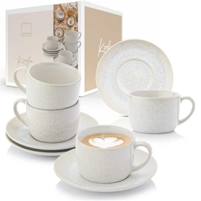 Abbildung von SÄNGER Kaffeeservice Korfu Kaffeetassen Set (8 tlg), 4 Personen, Steingut, Creme Farben mit sandiger Maserung, Handmade, Premium Collection