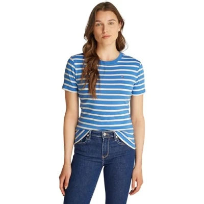 Abbildung von Tommy Hilfiger Damen New Slim Cody C NK SS WW0WW40587 S/S Strickoberteile, Blue (Fine STP Spell/Ivory Petal), XXL