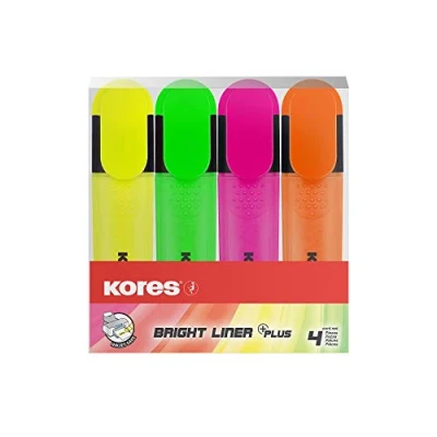 Abbildung von Kores Bright Liner Plus: Strahlende Textmarker Stifte, Keilspitze und wasserbasierte Tinte, Ergonomische Form, Schul Bürobedarf, Set von 4 sortierten Farben