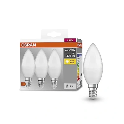 Abbildung von OSRAM BASE CLASSIC B 40 FR LED Lampe mit Sockel E14, Minikerzenform, 3er Pack, 4,9W, 470lm, 2700K, warmweißes Licht, geringere Wärmeentwicklung, sehr geringer Energieverbrauch, lange Lebensdauer