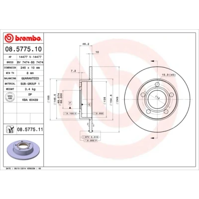Abbildung von BREMBO COATED DISC LINE 08.5775.11 Bremsscheibe 245 10 5 voll beschichtet AUDI: A8 D2, 100 C3 Limousine, Avant
