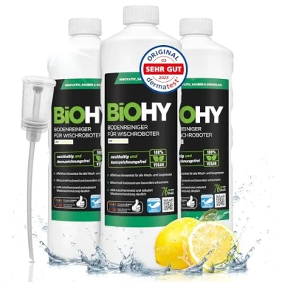 Abbildung von BiOHY Bodenreiniger Für Wischroboter (3 x 1 Liter) + Dosierer Reinigungsmittel Konzentrat alle Wisch &amp; Saugroboter mit Nass Funktion Schaumarm Streifenfrei Böden