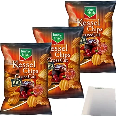 Abbildung von funny frisch Cross Cut Chips Kartoffelchips Spicy BBQ Sauce Style 3er Pack (3x120g Tüte) + usy Block