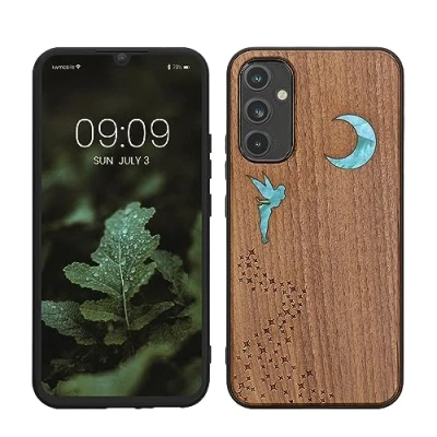 Abbildung von kwmobile Hülle kompatibel mit Samsung Galaxy A34 5G Holz Case Handy Cover TPU Handyhülle in Dunkelbraun Perlmutt Fee
