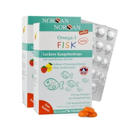 Abbildung von NORSAN Omega 3 FISK Jelly 120 hochdosiert 2er Pack (2x Jellys) / für Kinder (250 mg pro Kaugeleedrops) Öl mit EPA &amp; DHA/Tagesdosis Zitrone Erdbeer Geschmack 4 Kapseln