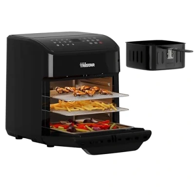 Abbildung von Tristar Mini Backofen &amp; Heißluftfritteuse, 2 in 1 Airfryer, BPA frei, 12 L, Programme, Sichtfenster, 1800 W, FR 9065, Schwarz