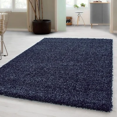 Abbildung von Carpetsale24 Shaggy Hochflor Teppich Wohnzimmer 140 x 200 cm Marineblau Modern Flauschiger Extra Weich, Pflegeleicht und Einfarbig Ideal als für Schlafzimmer, Esszimmer Küche