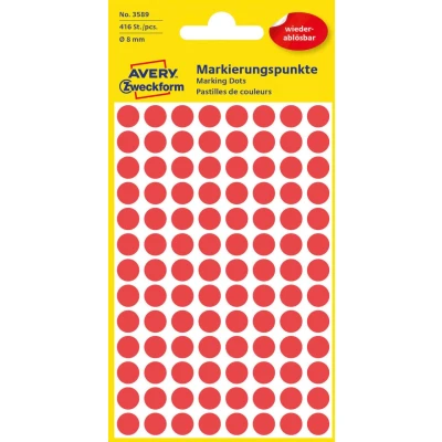 Abbildung von AVERY Zweckform 3589 selbstklebende Markierungspunkte (Ø 8 mm, 416 ablösbare Klebepunkte auf 4 Bogen, runde Aufkleber für Kalender, Planer und zum Basteln, Papier, matt) rot