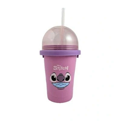 Abbildung von Magic Freez Slushy Maker Tragbarer Becher aus Silikon mit 2 in 1 Strohhalm und Löffel Slush Ice für erfrischende Slushies Slushi Cup zum Eis selbermachen 370ml Stitch Lila