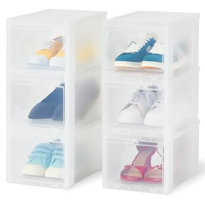Abbildung von Iris Ohyama, Schuhkartons aus Kunststoff, 9 l, 6er Set, BPA frei, EUDF S, transparent, stapelbar, Verschlussklammern ? B32 x T22 H18 cm