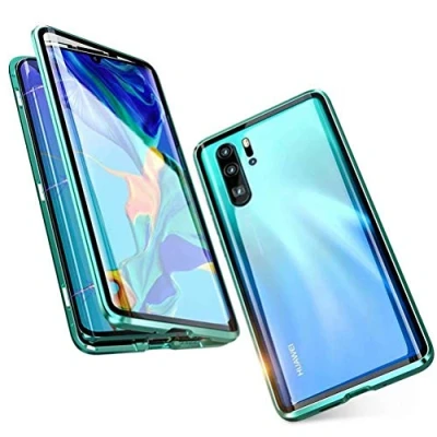Abbildung von HaptiCase Schutzhülle für Huawei P30, magnetische Adsorption, stoßfest, doppelseitig transparent, Hartglas, Schutzhülle, Aluminium, Metallrahmen, 360 Grad Schutz Grün