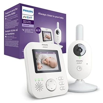 Abbildung von Philips Avent Babyphone mit Kamera, Tag und Nachtsicht, hohe Reichweite, Eco Mode, FHSS Technologie, 2,7 Zoll Farbbildschirm, 10 Stunden Akkulaufzeit, weiß (Modell SCD833/26)