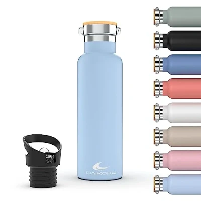 Abbildung von DAIKOKU Bottle, Doppelwandige Thermosflasche aus Edelstahl, Thermosflasche, die das Getränk stundenlang heiß oder kalt hält, zwei Verschlüsse, himmelblau, 1 L