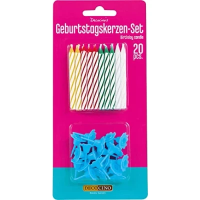 Abbildung von DECOCINO Geburtstagskerzen Set (20 Teile) bunte Kerzen mit Kerzenhaltern Back Deko für Geburtstagskuchen, Geburtstagstorten, Muffins, Cupcakes, Mehrfarbig