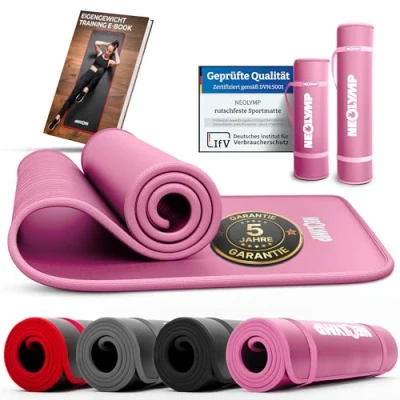 Abbildung von NEOLYMP extra dicke und rutschfeste Fitnessmatte mit Fitness E Book Tragegurt Pilatesmatte, Yoga Matte, Sportmatte, Gymnastikmatte, Trainingsmatte (Pink 61cm)