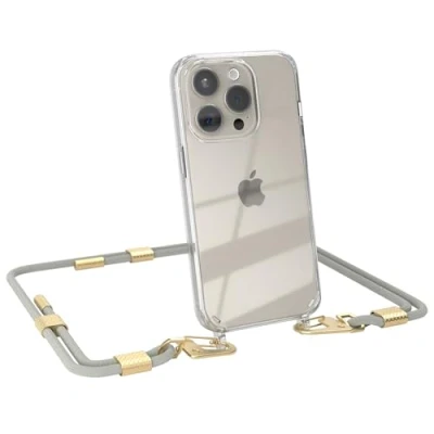 Abbildung von EAZY CASE Handykette mit Karabiner kompatibel iPhone 15 Pro Hülle Silikon transparente Handyhülle für Kette zum Umhängen Schutzhülle in Taupe Clips Gold