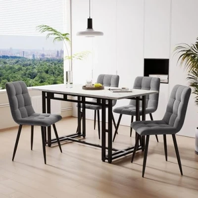 Abbildung von Moimhear 120x70cm Schwarz Esstisch mit 4 Stühlen Set,Moderne Küche Set, Samt Esszimmerstühle, Eisen Beintisch (Dunkelgrauer)