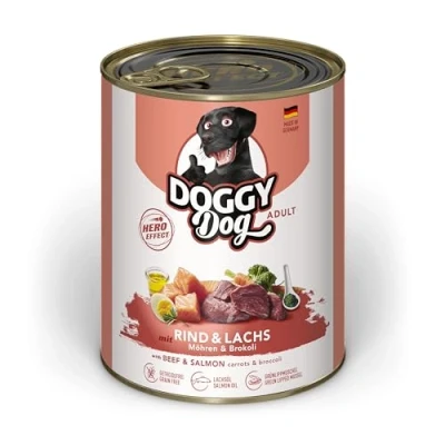 Abbildung von DOGGY Dog Paté Rind &amp; Lachs, 6 x 800 g, Nassfutter für Hunde, getreidefreies Hundefutter mit Lachsöl und Grünlippmuschel, Alleinfuttermittel Karotte Brokkoli, Made in Germany