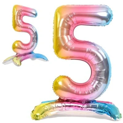 Abbildung von Luftballon 5. Geburtstag Zahl 5 Mehrfarbig Pastell Stehende XXL Riesen Folienballon 82cm Geburtstagsdeko Ballon Deko zum Geburtstag.