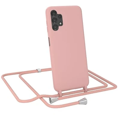 Abbildung von EAZY CASE Schutzhülle mit Handykette kompatibel Samsung Galaxy A13 (4G) Kameraschutz und Bildschirmschutz TPU Silikon Bumper in Kombi Alt Rosa Handyband Clips Silber