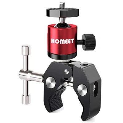 Abbildung von Homeet Kamera Halterung Klemme Stativ Super Metall Klemmhalterung mit ROT Kugelkopf, 1/4 &amp; 3/8 Zoll Gewinde Adapter für Kamera, LCD/DV Monitor, Mikrofon, Flash Light,