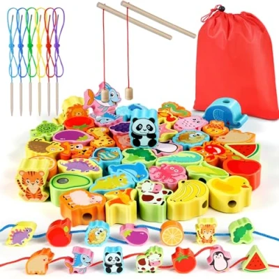 Abbildung von Jojoin 2 in 1 Fädelspiel Montessori Spielzeug 46 Psc Magnetisches Angelspiel Spiele ab 3 Jahre Obst GemüSe Tiere Holzspielzeug Lernspiele Motorikspielzeug Geschenk für Kinder