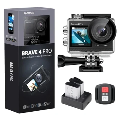 Abbildung von AKASO Action Cam 4K 20MP WiFi 40M Unterwasserkamera Ultra HD Touchscreen 170 Einstellbar Weitwinkel, EIS Stabilisierung, 5X Zoom, 2.4G Fernbedienung und 2 Akkus 1350mAh Brave 4 Pro (Grau)