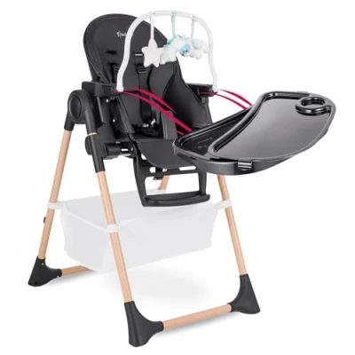 Abbildung von Suleno Hochstuhl Baby Kinderhochstuhl LOVIS BLACK EDITION mit Liegefunktion, Spielbogen &amp; Korb Verstellbar, Klappbar, Mitwachsend Kinderstuhl 0 6 Jahre schwarz holz