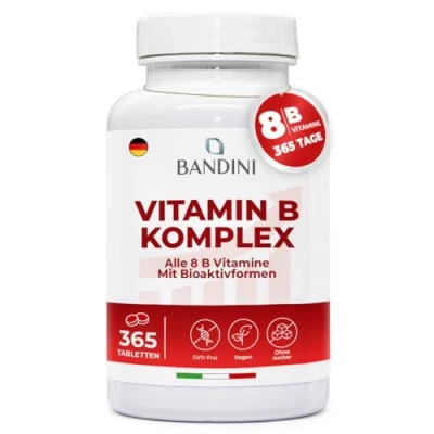 Abbildung von Bandini® Vitamin B Komplex Hochdosiert, 365 Tabletten für 12 Monate, mit alle 8 Vitamine B1, B2, B3, B5, B6, B7, B9, B12, Nervensystem, Stoffwechsel, Psychische Funktion, GVO frei, Vegan