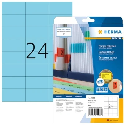 Abbildung von HERMA 4468 Farbige Etiketten blau ablösbar, 20 Blatt, 70 x 37 mm, 24 pro A4 Bogen, 480 Stück, selbstklebend, bedruckbar, matt, blanko Papier Farbetiketten Aufkleber