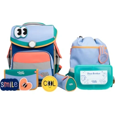 Abbildung von SCHOOL MOOD Timeless Pro Schulranzenset 7 teilig 23,5L Stauraum, ergonomisches Easy Fit System für 1 m bis 1,50 Körpergröße, standfest, wasserdichter Stoff mit Reflektoren (Happy Sapphire)