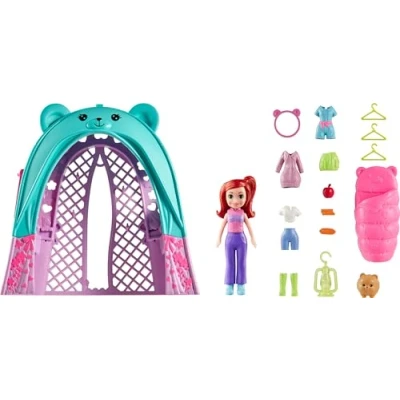 Abbildung von Polly Pocket Puppen &amp; Haustier Spielset, Reisespielzeug mit Camping Futterzubehör, Glamping Zelt