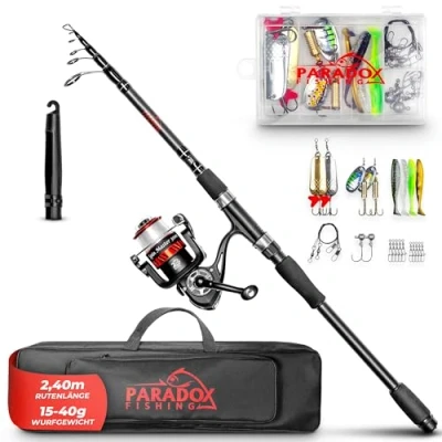 Abbildung von Paradox Fishing Angelruten Set zum Spinnfischen 2,4m Wg. 15 40g I Teleskop Rute mit Rolle, Ködern, Angelzubehör und Angel Tasche komplett