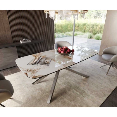 Abbildung von Esstisch Edge Boot 200x100 Keramik Minas Melange Weiß Beige Kreuzgestell Rechteck Edelstahl