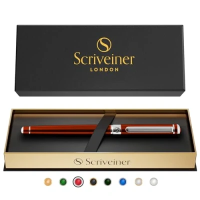 Abbildung von Scriveiner Tintenroller Deep Crimson Red Hochwertiger mit Chromveredelung, schwarze Schmidt Ersatzmine, Geschenkbox, Büro set, Professionelle (Purpurrot)