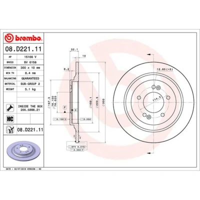Abbildung von BREMBO 08.D221.11 Bremsscheibe 300 10 5 voll beschichtet hochgekohlt mit Schrauben KIA: Optima / K5 Limousine, Sportswagon, Niro