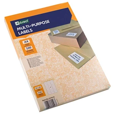Abbildung von D.RECT Klebeetiketten Universal Etiketten (70x30mm auf DIN A4) bedruckbar selbstklebend 100 Blatt/Packung 27 Etiketten/Blatt 2700 Stücke weiß