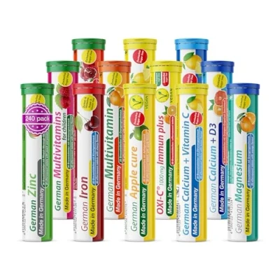 Abbildung von Brausetabletten Sortimentmix T&amp;D Pharma 12x20 = 240 German Vitamine und Mineralien in fruchtigen Geschmäckern Made Germany