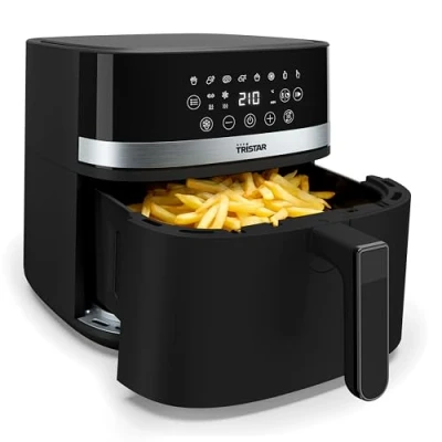 Abbildung von Tristar Digital Heißluftfritteuse, 8L Kapazität, 2000W, LED Touchscreen, 7 Programme + Manuell, Vorheizen, Warmhaltefunktion, Schüttelerinnerung, PFAS freie Antihaftbeschichtung, FR 9418
