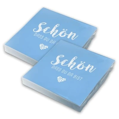 Abbildung von itenga Servietten Schön dass du da bist 30 x 30cm 3 lagig 40 Stück für Kommunion Konfirmation Hochzeit Taufe und andere Feiern (hellblau)