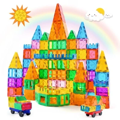 Abbildung von Katiago Magnetische Bausteine, 100PCS Magnetbausteine Set mit 2 Autos STEM Montessori Magnet Spielzeug Kinder für Geschenk ab 3 4 5 6 7 8 Jahre Bauklötze Kinderspielzeug