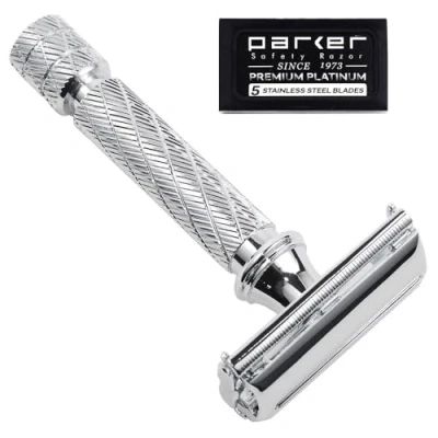 Abbildung von Parker Safety Razor 87R Schmetterling öffnen Doppelkante Rasierapparat Traditionelle Kurz Griff 5 Hochwertig Klingen im Lieferumfang Chrom