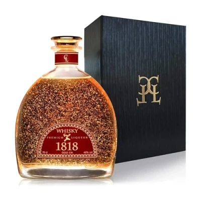 Abbildung von CONDE LUMAR 1818 Whisky mit Geschenkverpackung 23 Karat reinem Blattgold in Bourbon &amp; Oloroso Sherryfässern veredelt Premium Liqueur Goldene als Whiskey Geschenkidee 40% Vol. 70 cl